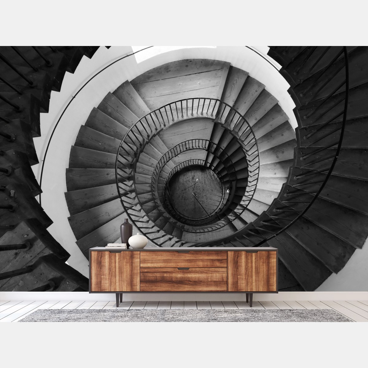 Wall mural monochrome spiral staircase geometry • Wallissimo®