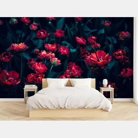 Wall mural moody crimson tulip garden • Wallissimo®