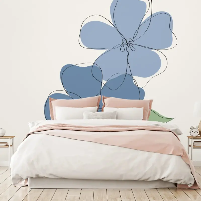 Wall mural delicate blue floral line art