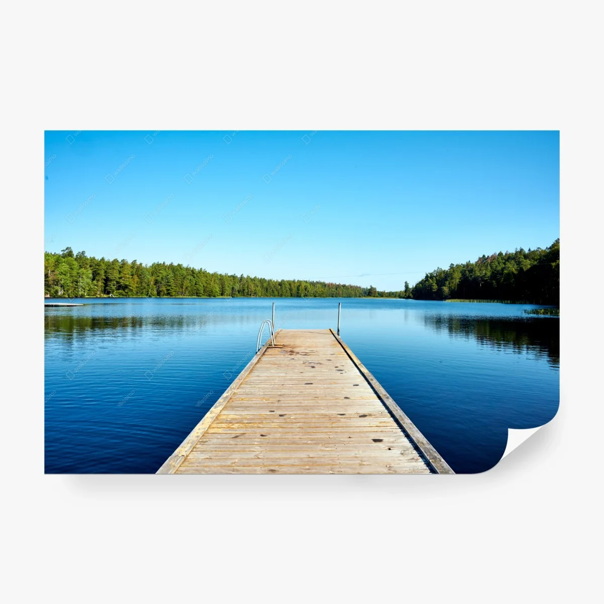 Wall mural tranquil lake pier with forest reflections • Wallissimo® Wall mural tranquil lake pier with forest reflections • Wallissimo®