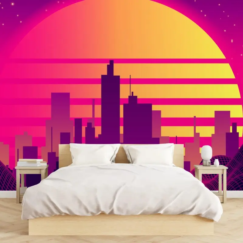 Wall mural neon retro cityscape with spaceship