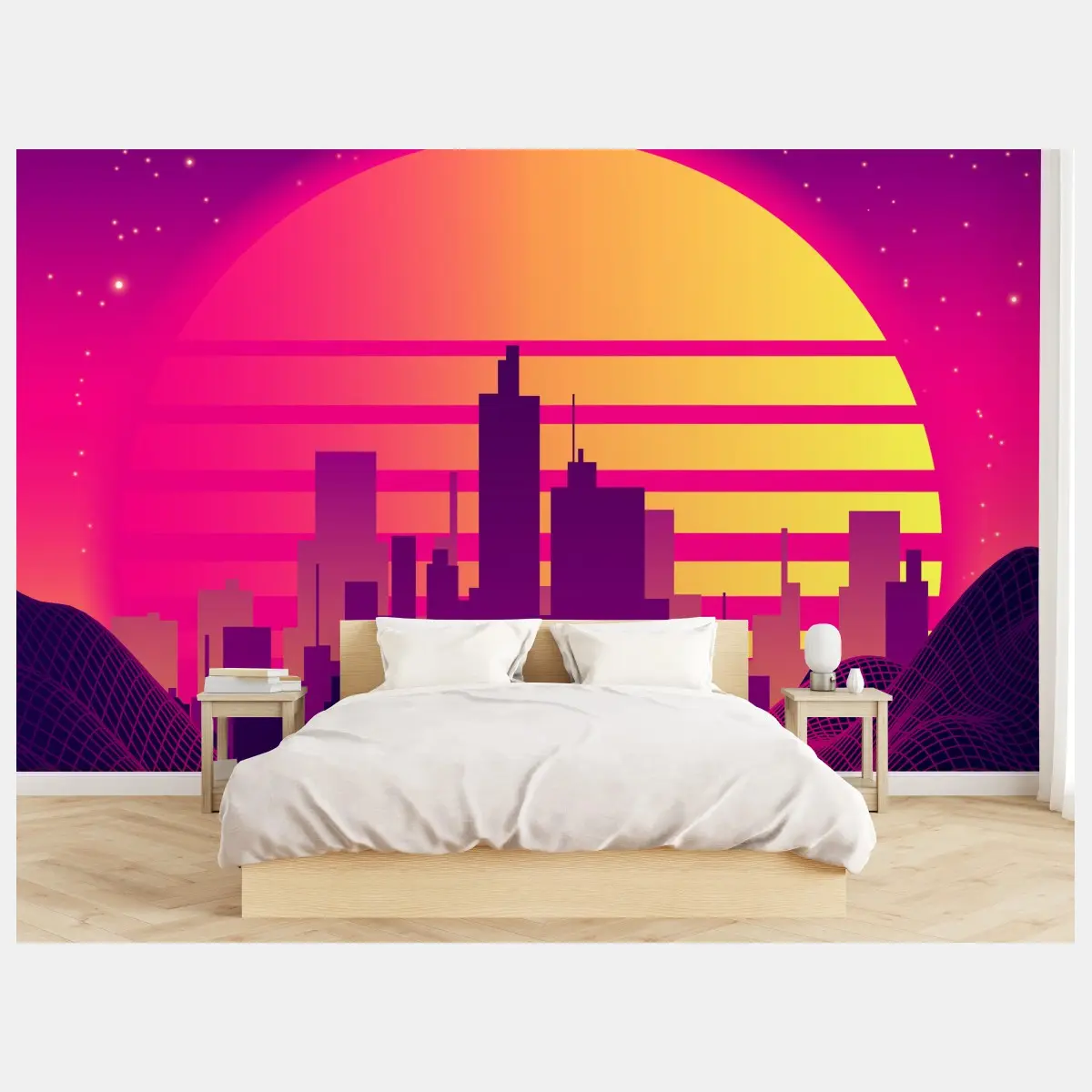 Wall mural neon retro cityscape with spaceship • Wallissimo®