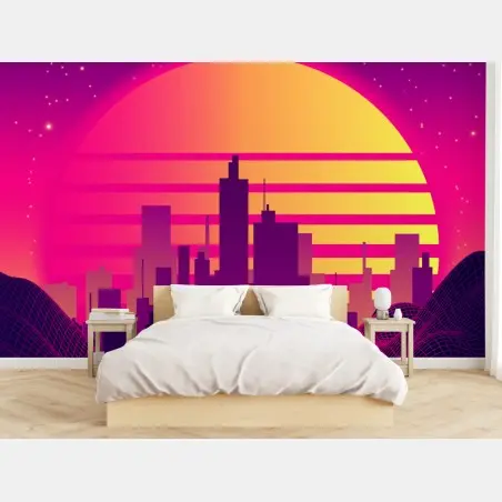Wall mural neon retro cityscape with spaceship • Wallissimo®