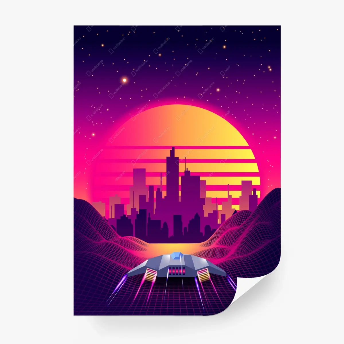 Wall mural neon retro cityscape with spaceship • Wallissimo®