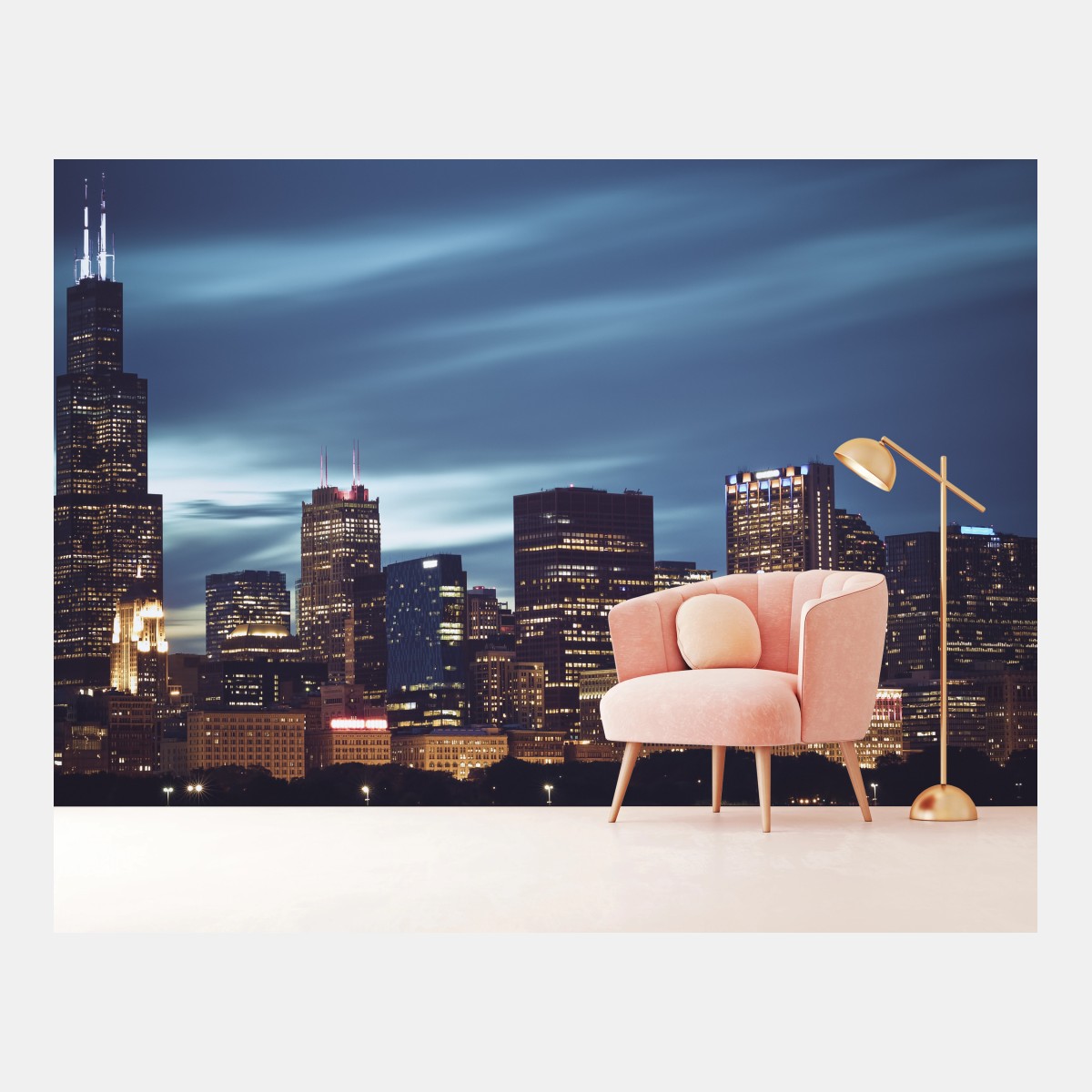 Wall mural Chicago skyline at night panoramic view • Wallissimo®