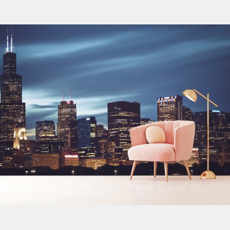 Wall mural Chicago skyline at night panoramic view • Wallissimo®