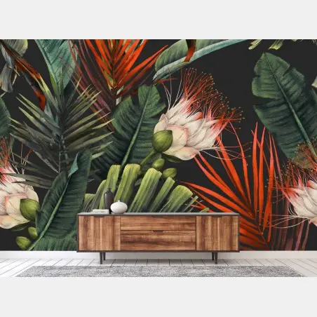 Wall mural tropical watercolor floral pattern on dark background • Wallissimo®