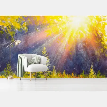 Wall mural golden forest sunlight watercolor • Wallissimo®