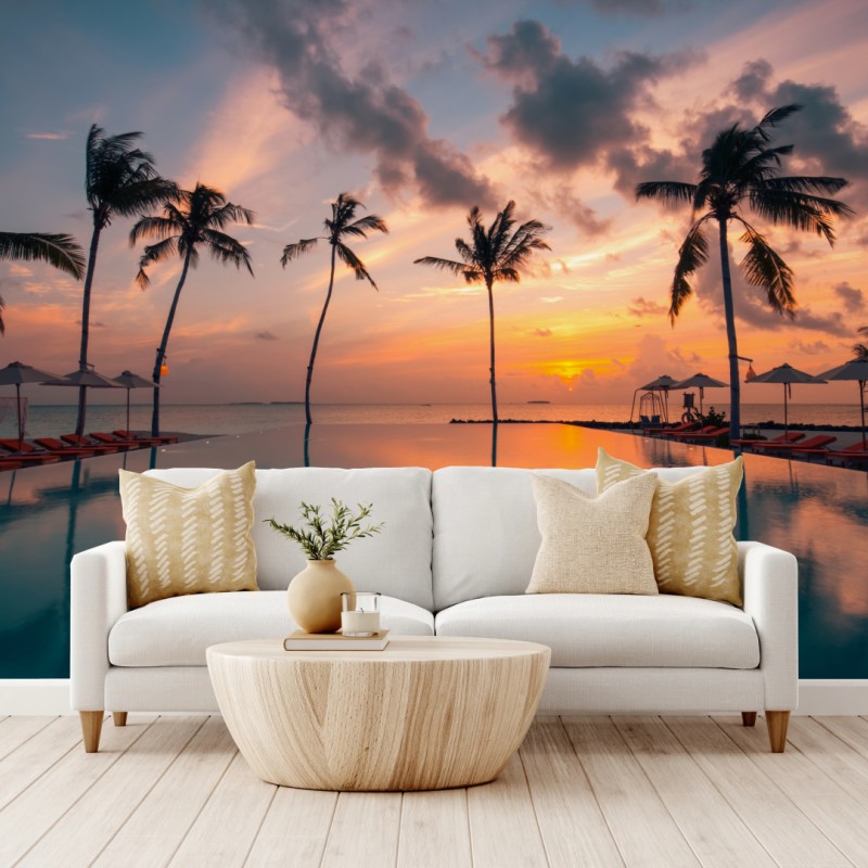 Wall mural tropical sunset over reflecting pool