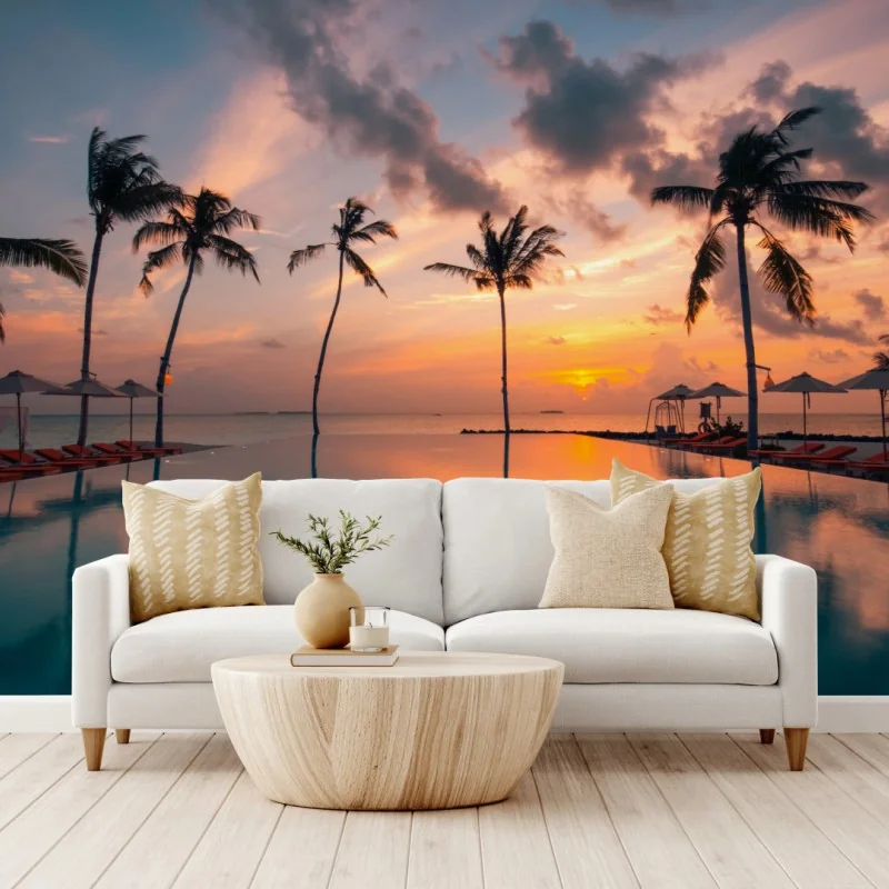 Wall mural tropical sunset over reflecting pool