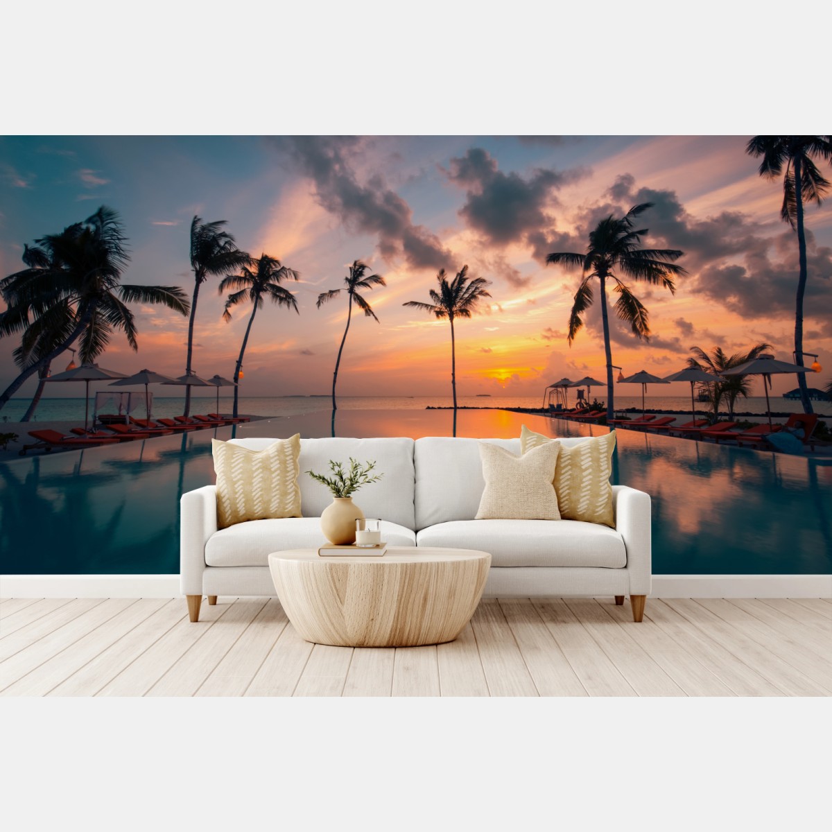 Wall mural tropical sunset over reflecting pool • Wallissimo®