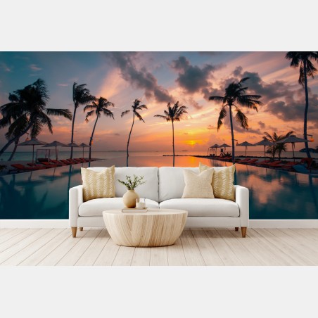 Wall mural tropical sunset over reflecting pool • Wallissimo®