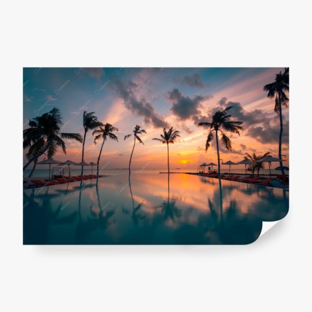 Wall mural tropical sunset over reflecting pool • Wallissimo®