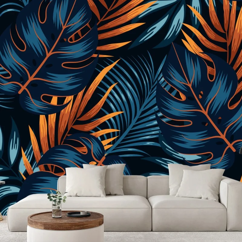 Wall mural navy tropical leaf pattern