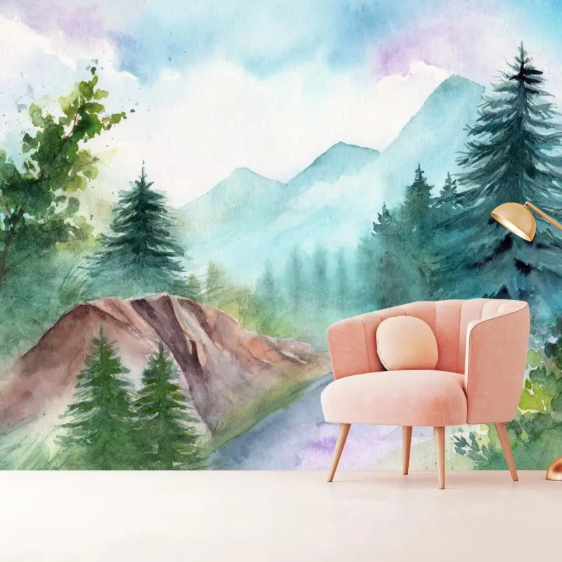 Wall mural misty mountain watercolor landscape
