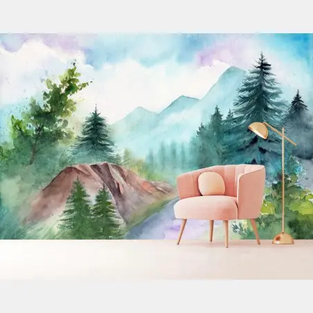 Wall mural misty mountain watercolor landscape • Wallissimo®