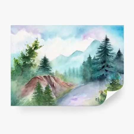 Wall mural misty mountain watercolor landscape • Wallissimo®