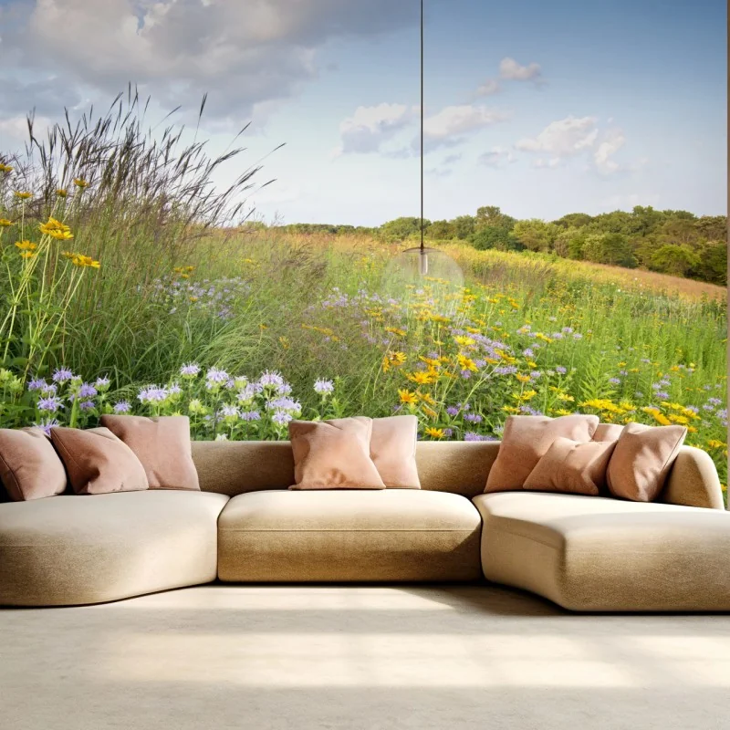 Wall mural sunlit wildflower meadow