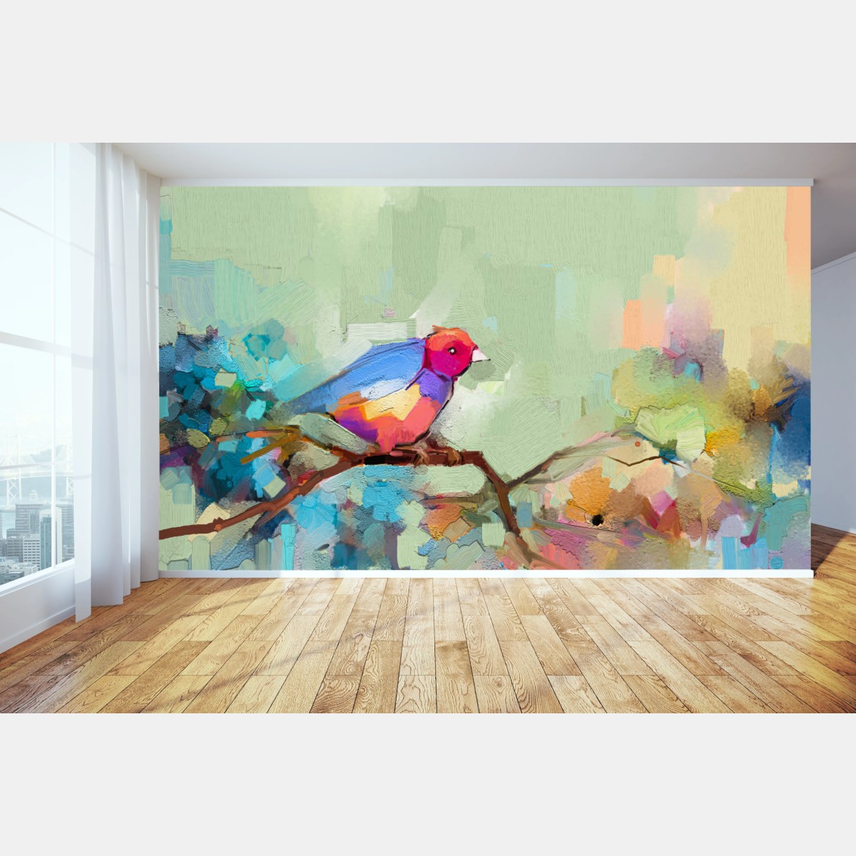 Wall mural vibrant abstract bird on branch • Wallissimo®