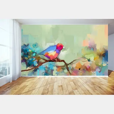 Wall mural vibrant abstract bird on branch • Wallissimo®