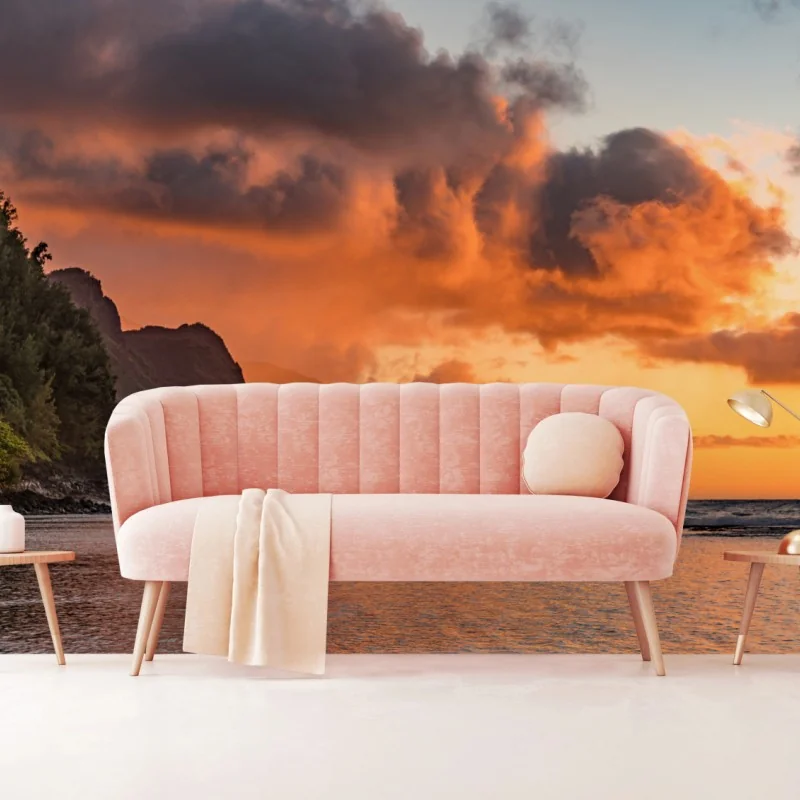 Wall mural golden coastal sunset over dramatic cliffs