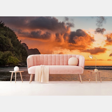 Wall mural golden coastal sunset over dramatic cliffs • Wallissimo®