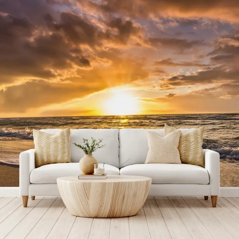 Wall mural golden sunset over ocean shore