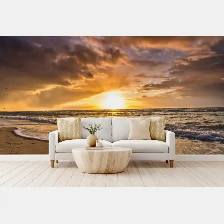 Wall mural golden sunset over ocean shore • Wallissimo®
