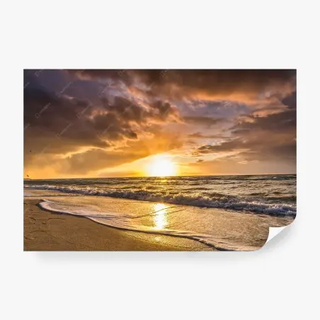 Wall mural golden sunset over ocean shore • Wallissimo®