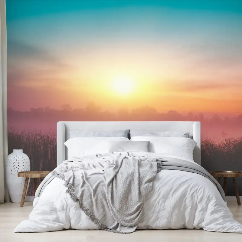 Wall mural misty sunrise over tranquil lake