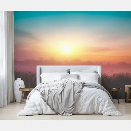 Wall mural misty sunrise over tranquil lake • Wallissimo®