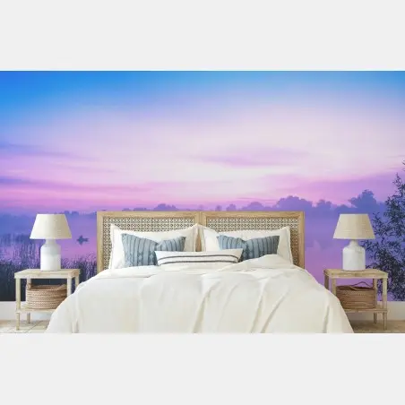 Wall mural misty sunrise over the lake • Wallissimo®