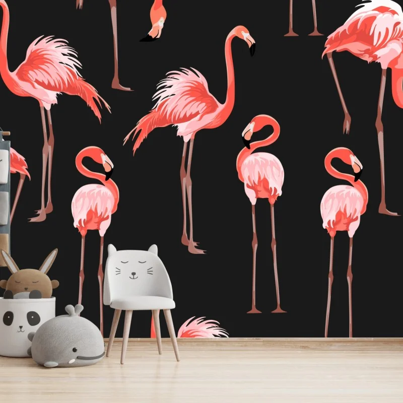 Wall mural pink flamingo pattern on black