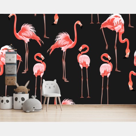 Wall mural pink flamingo pattern on black • Wallissimo®