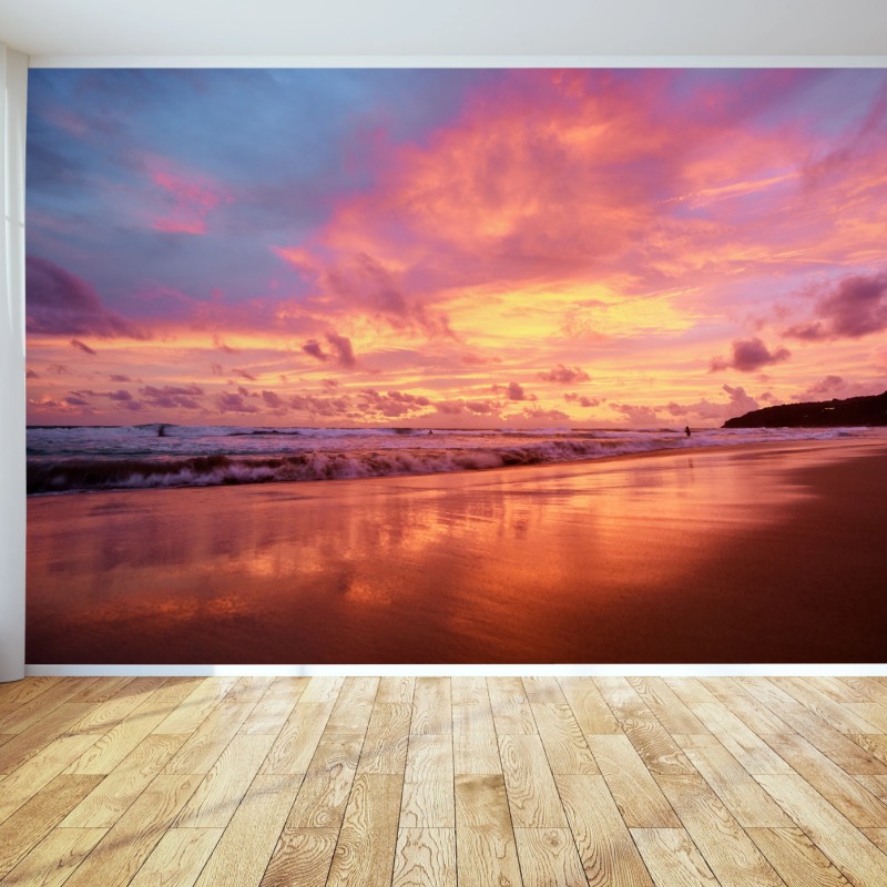 Wall mural sunset reflections on ocean beach