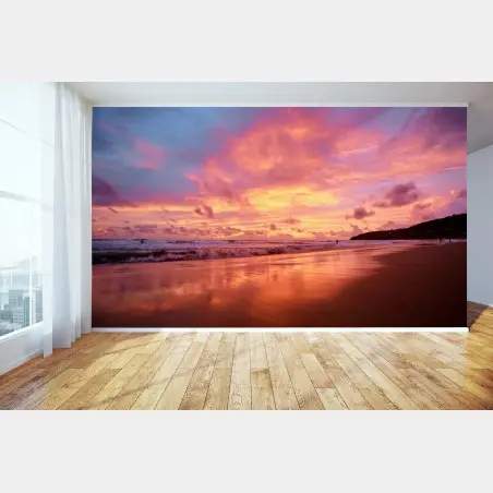 Wall mural sunset reflections on ocean beach • Wallissimo®