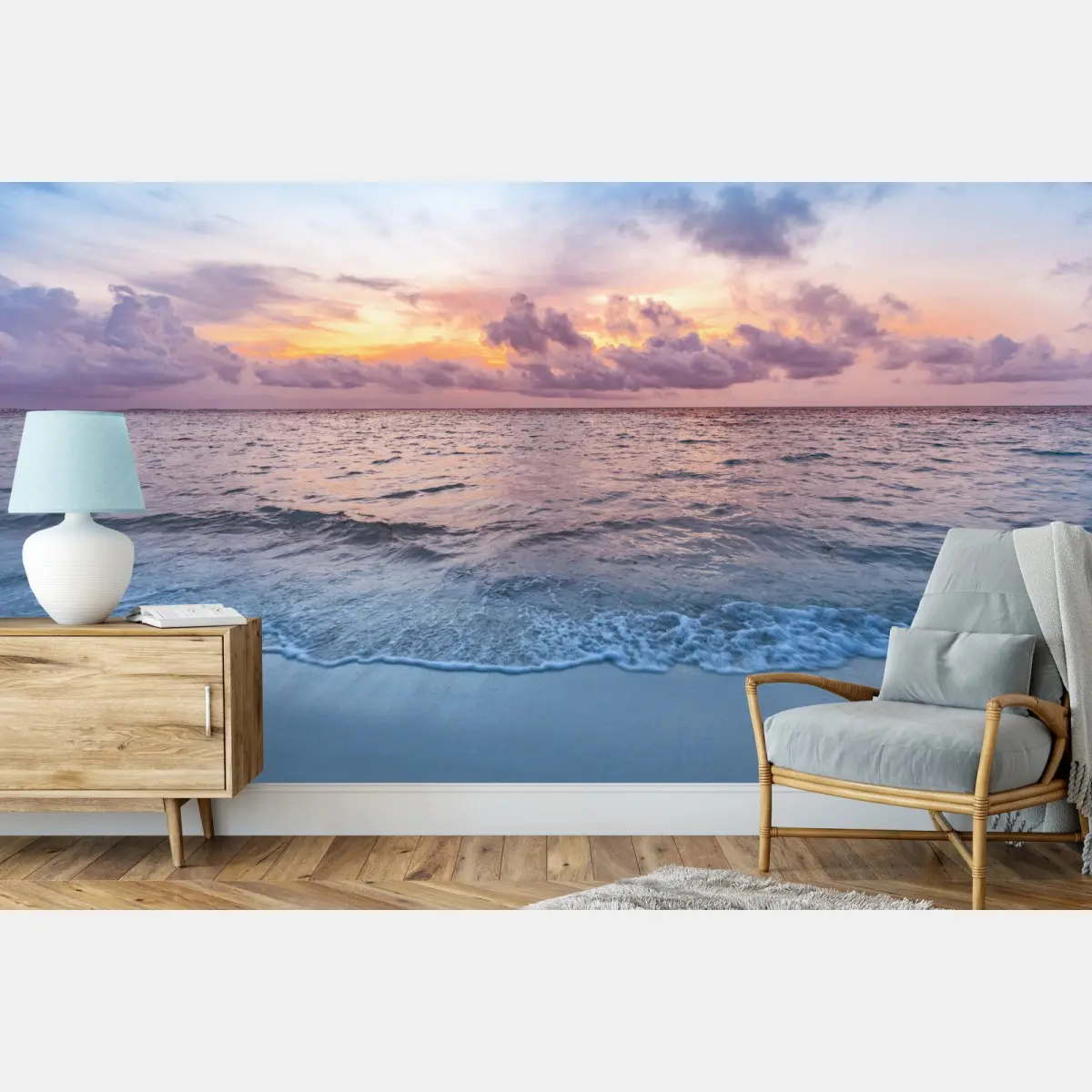 Wall mural serene pastel beach sunrise • Wallissimo®