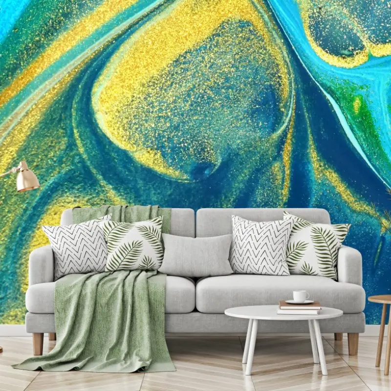 Wall mural blue and gold fluid abstract • Wallissimo®