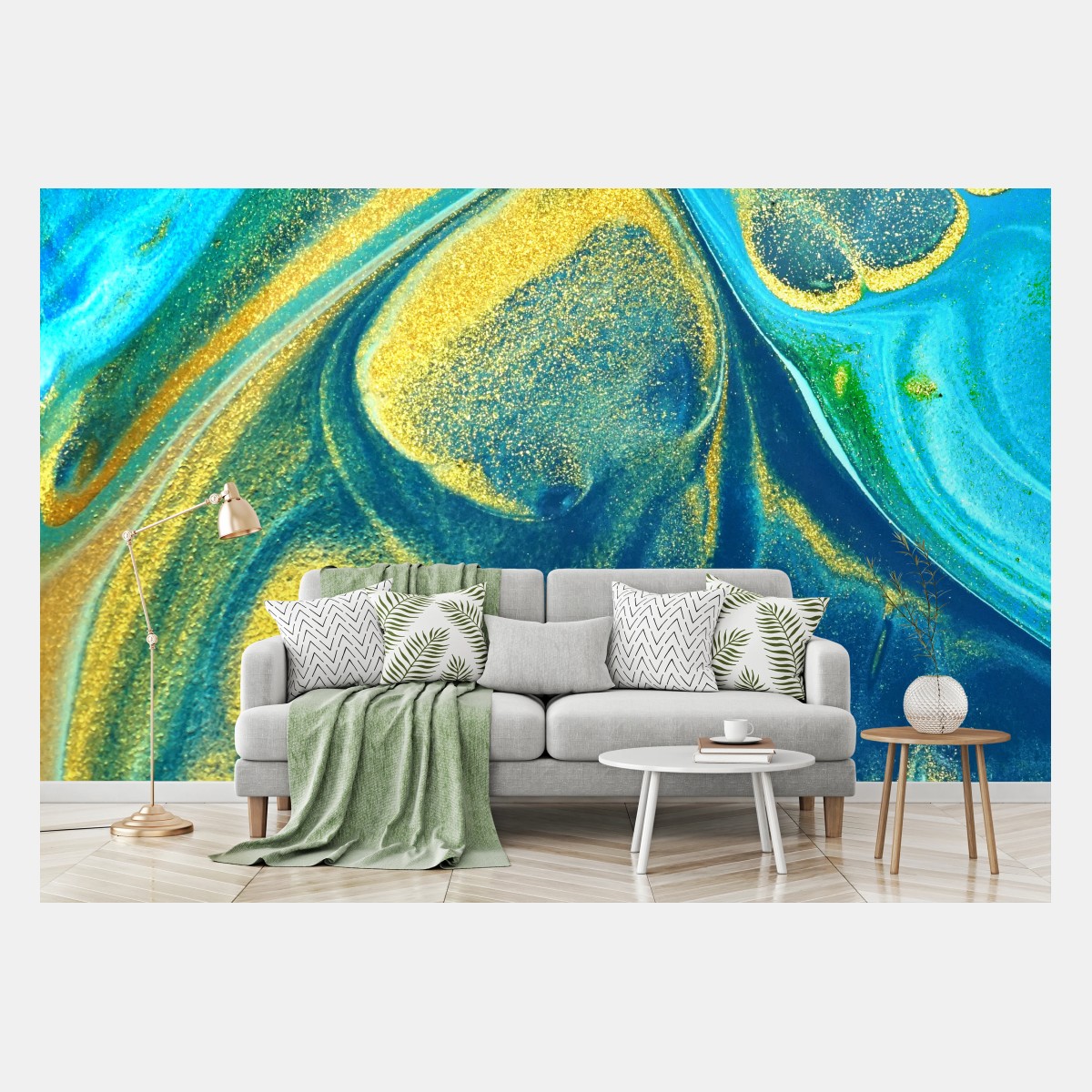 Wall mural blue and gold fluid abstract • Wallissimo®