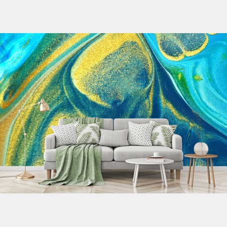 Wall mural blue and gold fluid abstract • Wallissimo®