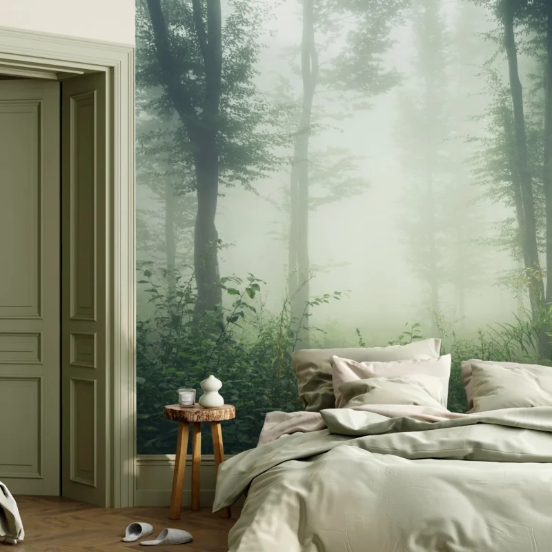 Wall mural misty forest morning