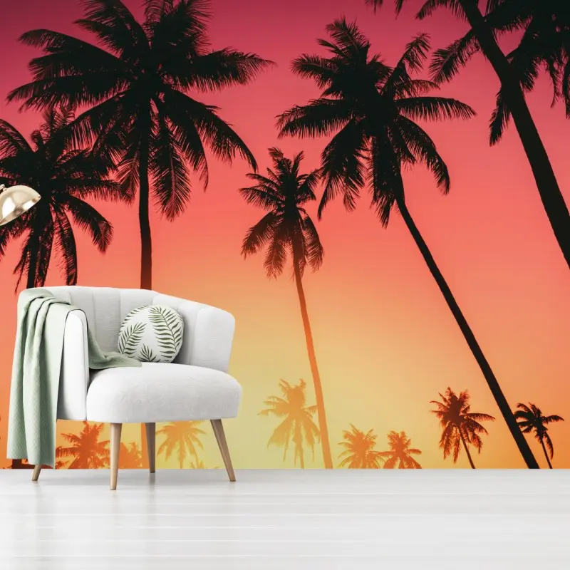 Wall mural tropical sunset palms silhouette