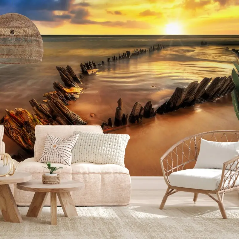 Wall mural sunset shipwreck at Rossbeigh beach