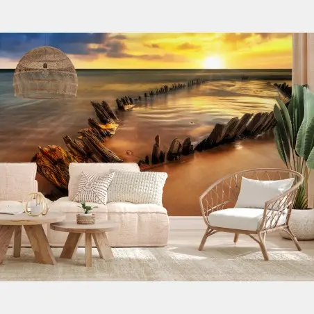 Wall mural sunset shipwreck at Rossbeigh beach • Wallissimo®