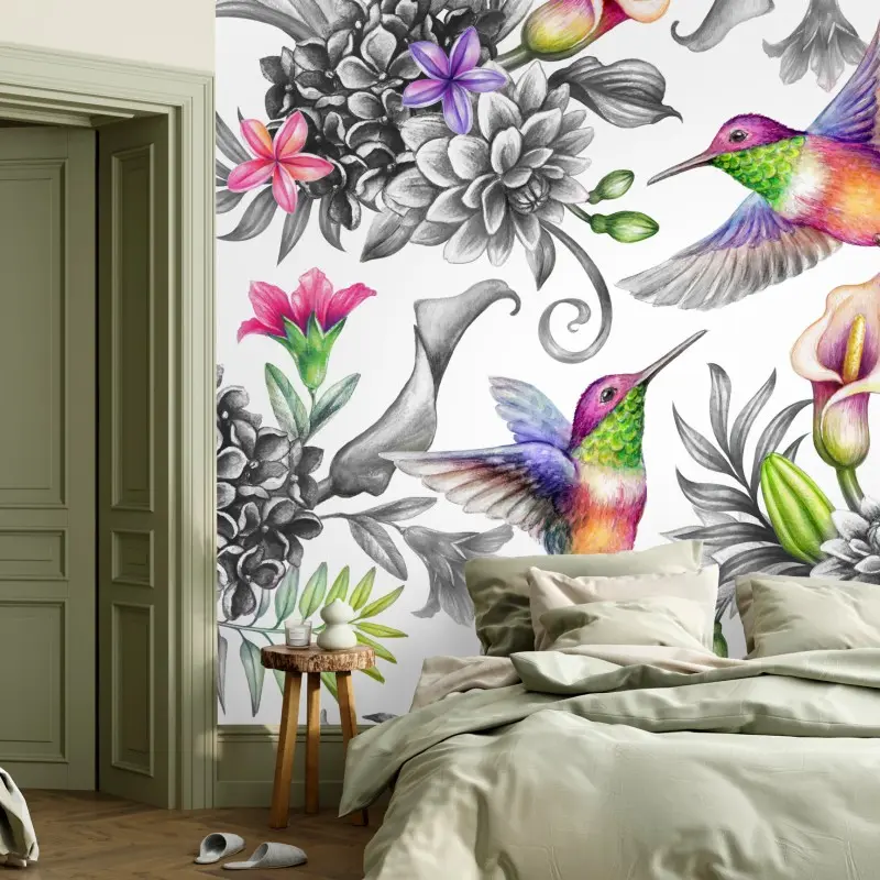 Wall mural vibrant hummingbird tropical floral pattern