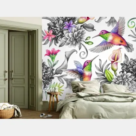 Wall mural vibrant hummingbird tropical floral pattern • Wallissimo®