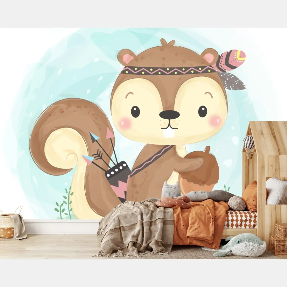 Wall mural woodland squirrel with acorn • Wallissimo®