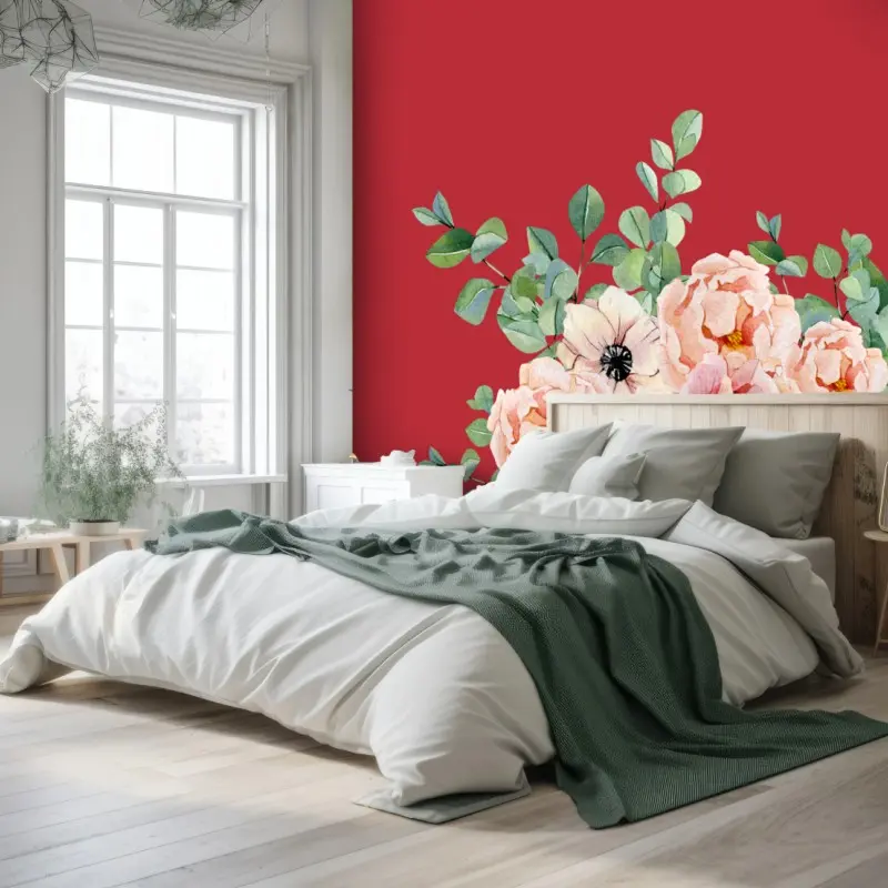 Wall mural soft peony bouquet on red background