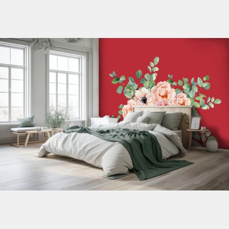 Wall mural soft peony bouquet on red background • Wallissimo®