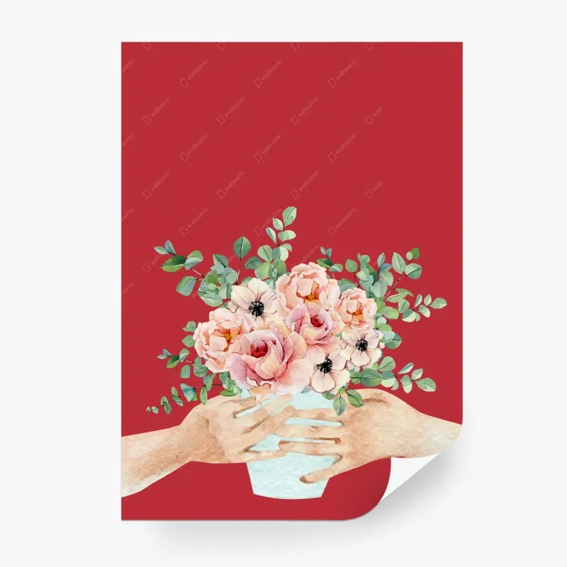 Wall mural soft peony bouquet on red background